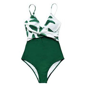 Banana Leaf Beachwear Twist Front V Neck One Piece